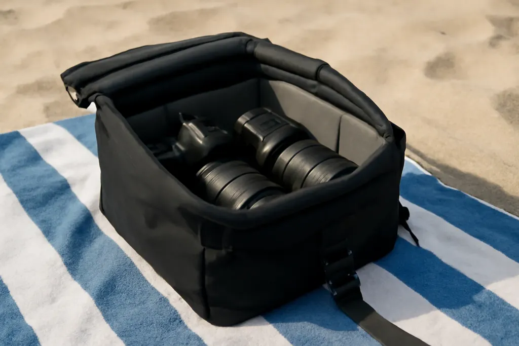 A roll-top camera dry bag with a padded insert holding a camera body and lens