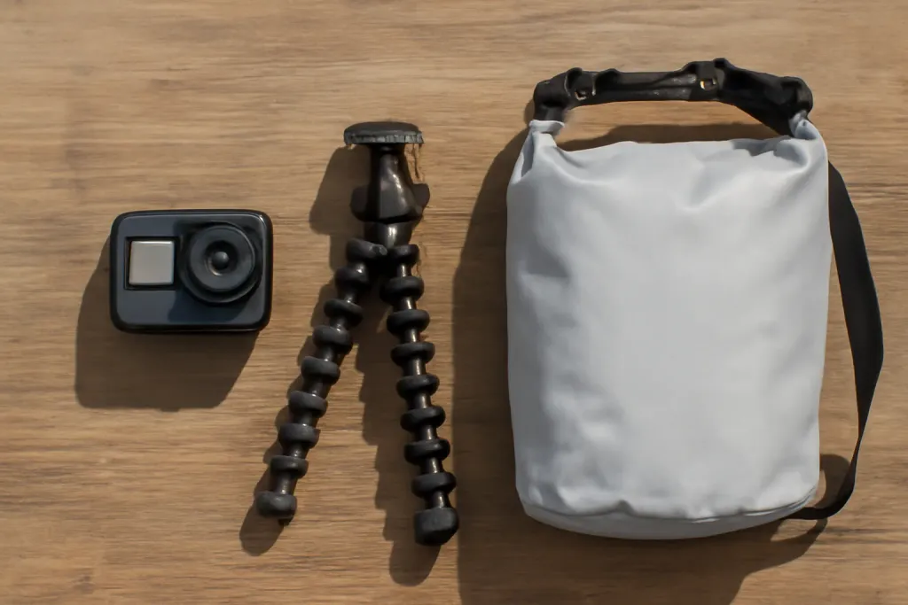 A minimal coastal content creator kit laid out including a camera, mount, and dry bag