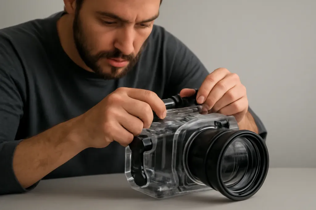 A DSLR camera being sealed inside a clear underwater housing with visible control levers