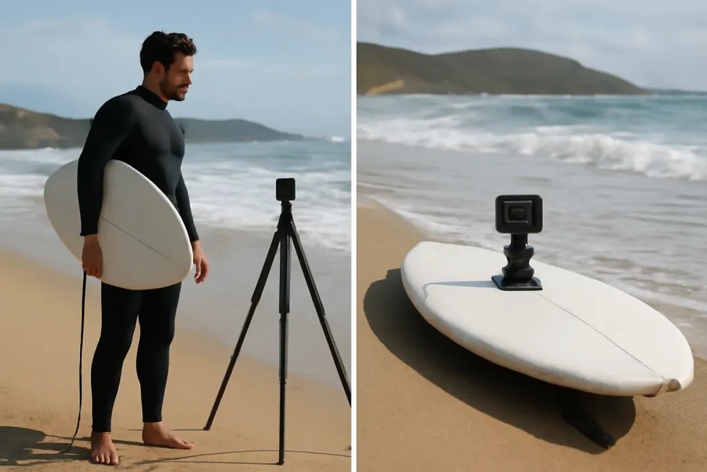 A shore-based camera setup and a board-mounted action camera compared side by side