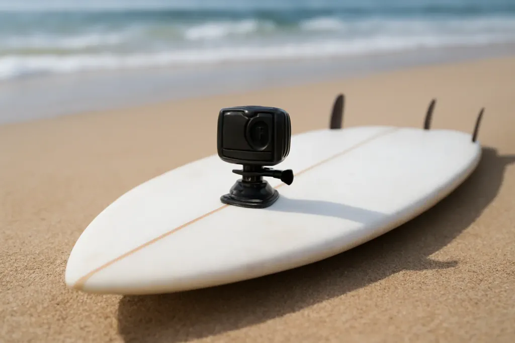 A nose-mounted action camera on a shortboard resting on sand