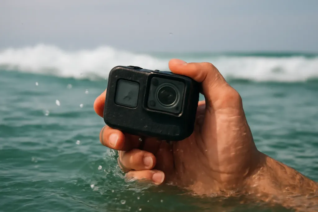 A compact waterproof action camera held in a hand emerging from ocean water