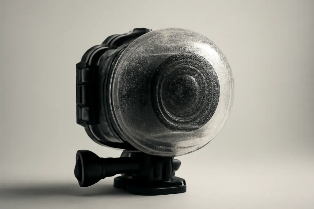 A sealed camera housing with condensation forming on the inside of the dome