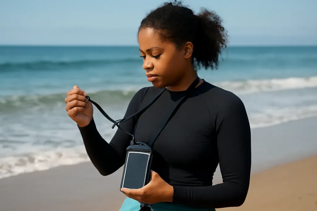 Photo illustrating waterproof phone case neck tether