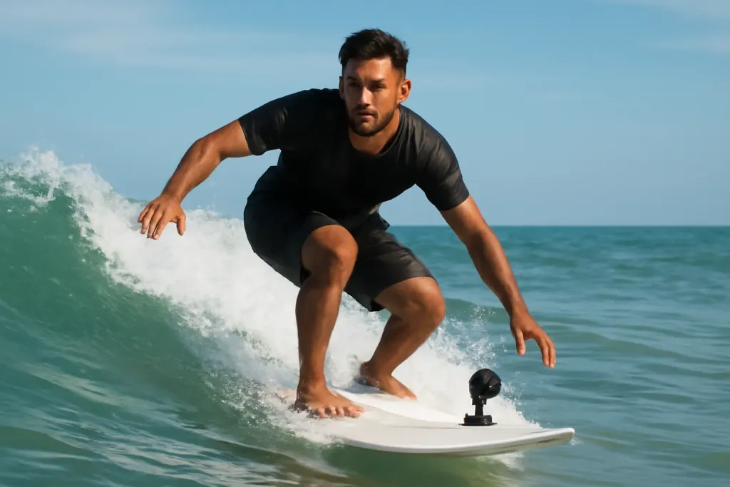 Photo illustrating surfboard nose mount placement
