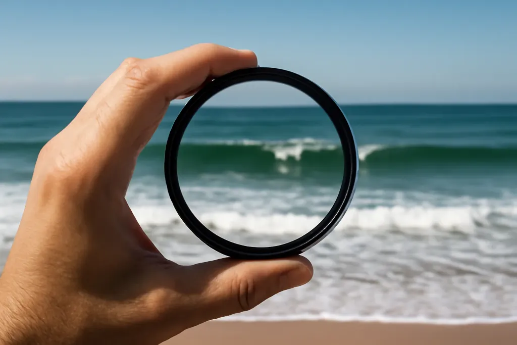 A circular polarizing filter reducing surface glare on photographed ocean waves