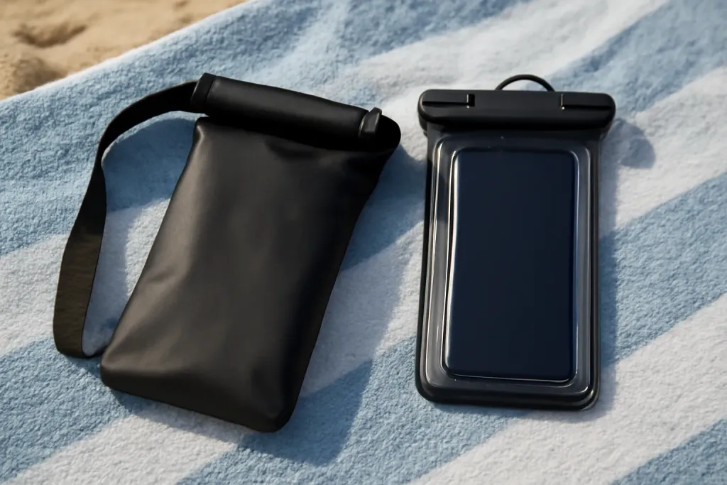 A roll-top phone pouch and a sealed phone case compared side by side on a towel
