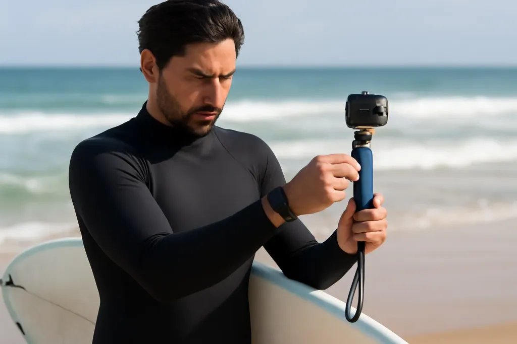 Photo illustrating wrist strap floating camera grip