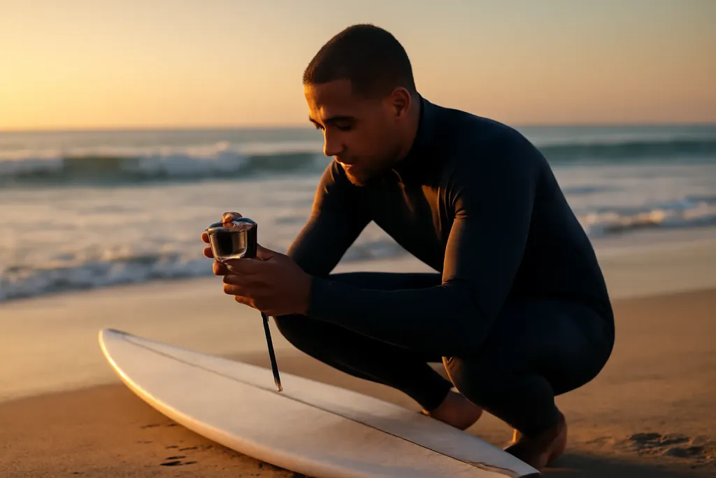 Editorial illustration of a surfer-photographer preparing a housed action camera on a beach at sunrise