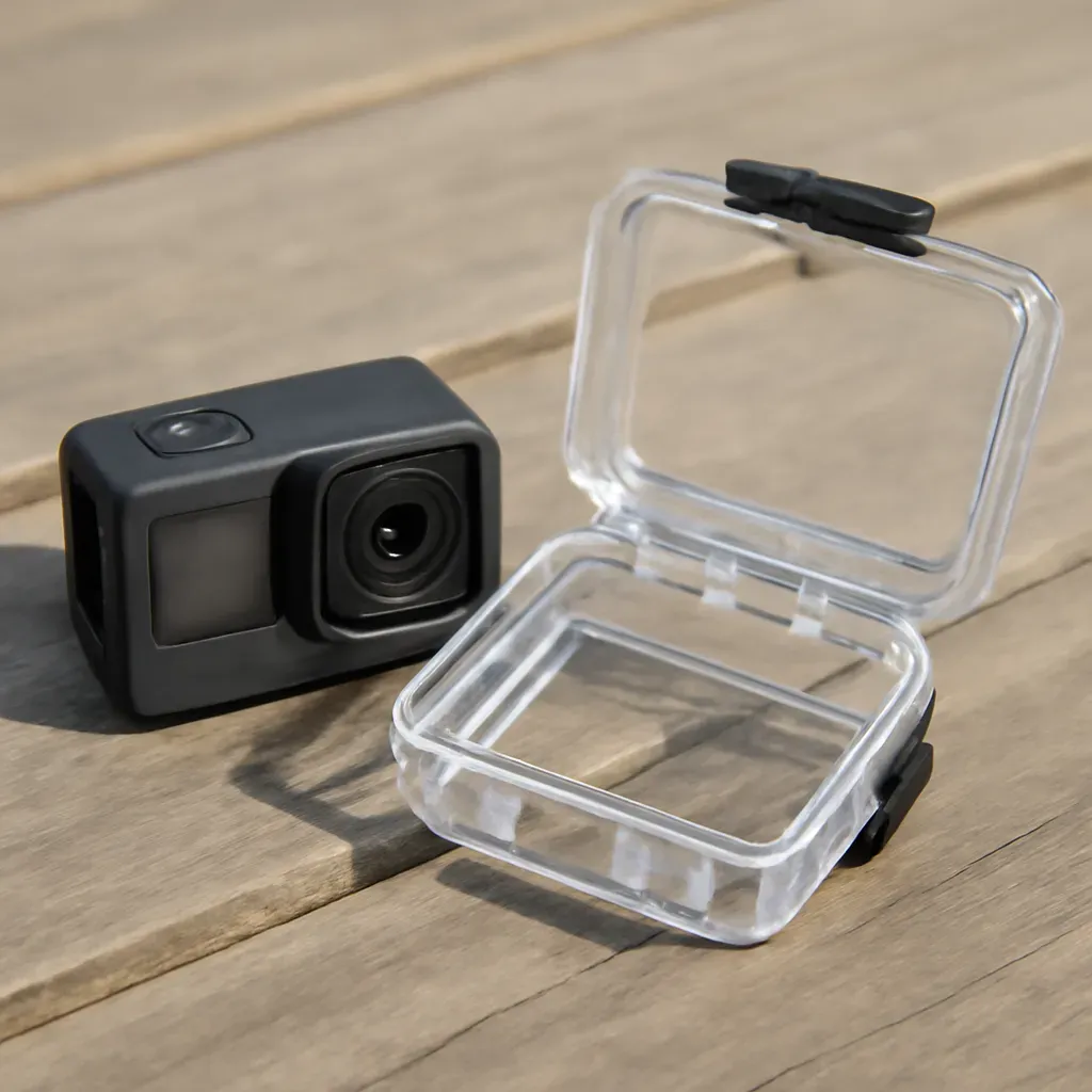 AI-generated editorial product photograph (not the exact linked listing) of action-camera waterproof housing