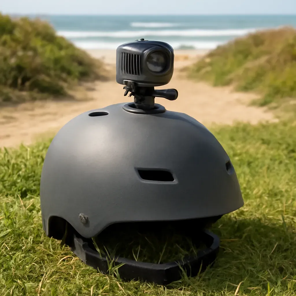 AI-generated editorial product photograph (not the exact linked listing) of adhesive surface action camera mount