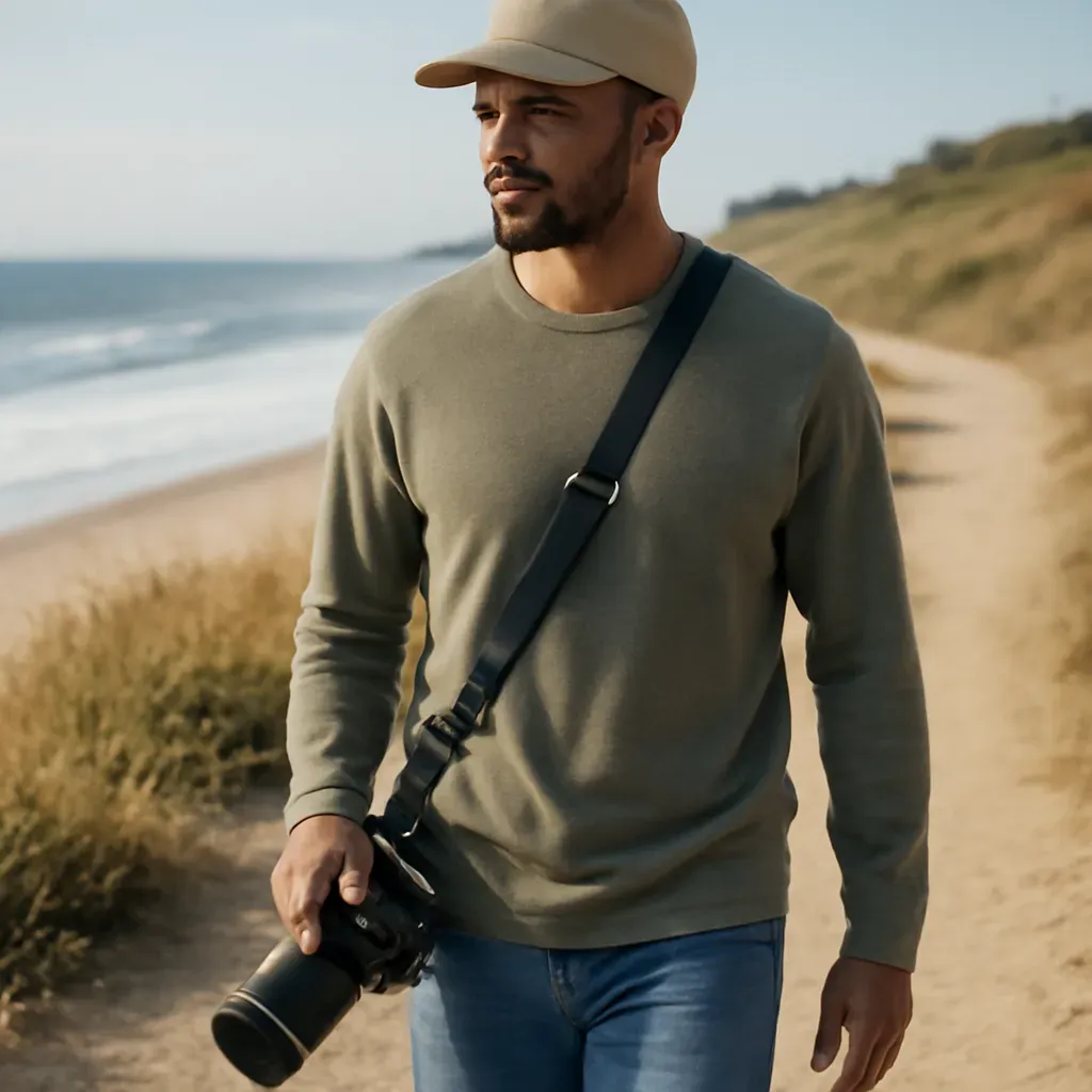 AI-generated editorial product photograph (not the exact linked listing) of adjustable sling strap for shore shooting