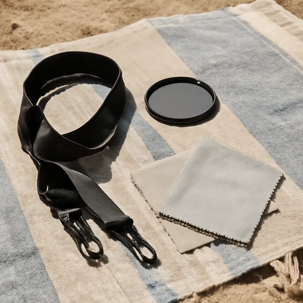 AI-generated editorial product photograph (not the exact linked listing) of all-in-one coastal photography accessory set