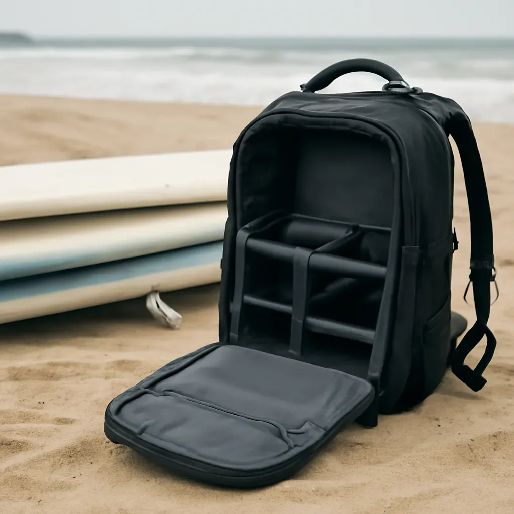AI-generated editorial product photograph (not the exact linked listing) of board-to-shore transition camera bag