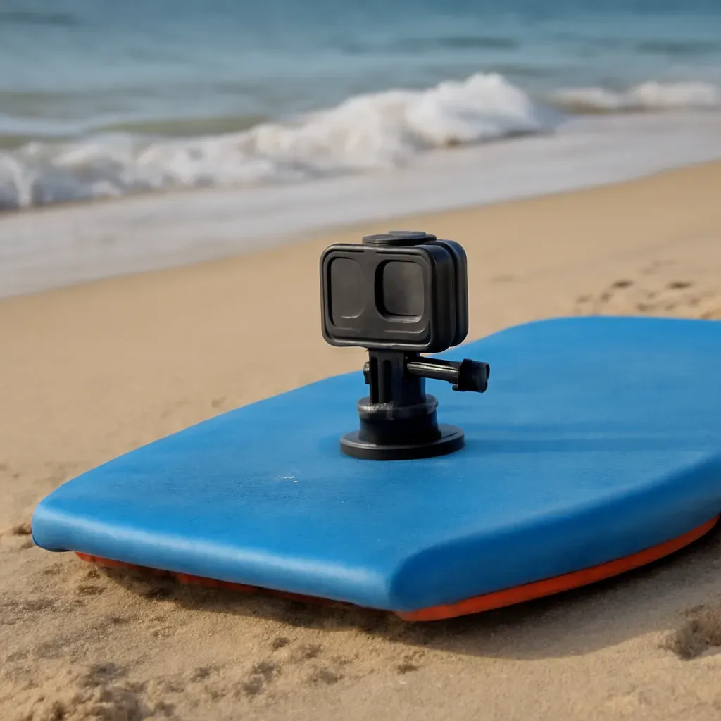 AI-generated editorial product photograph (not the exact linked listing) of bodyboard camera mount