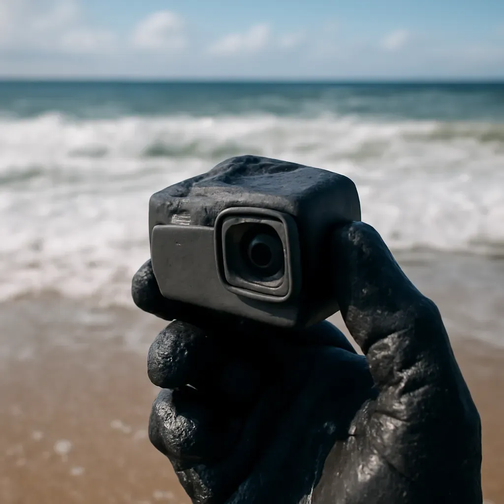 AI-generated editorial product photograph (not the exact linked listing) of button-control action camera for wet hands