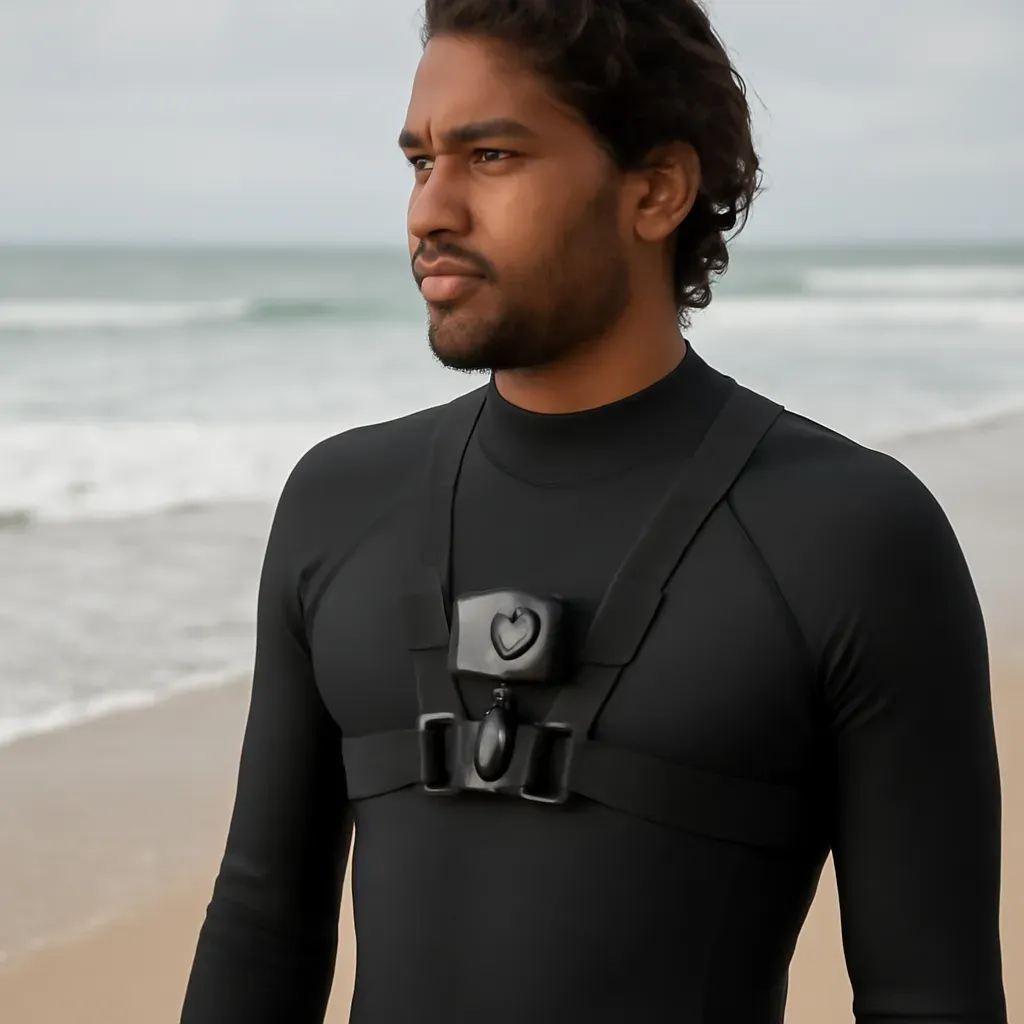 AI-generated editorial product photograph (not the exact linked listing) of chest harness action camera mount