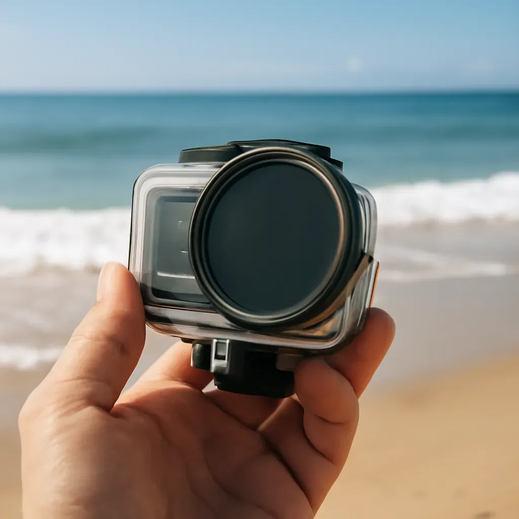 AI-generated editorial product photograph (not the exact linked listing) of circular polarizing filter for action cameras