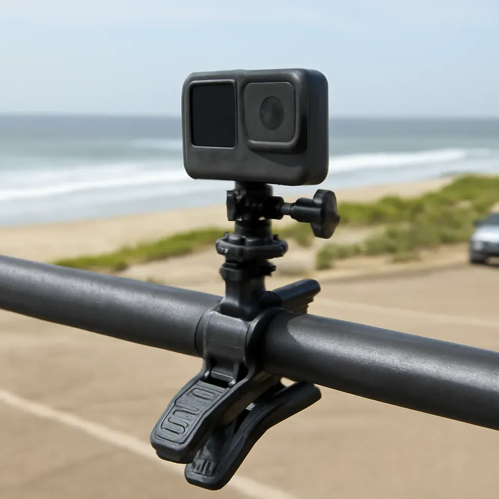AI-generated editorial product photograph (not the exact linked listing) of clamp-style action camera mount