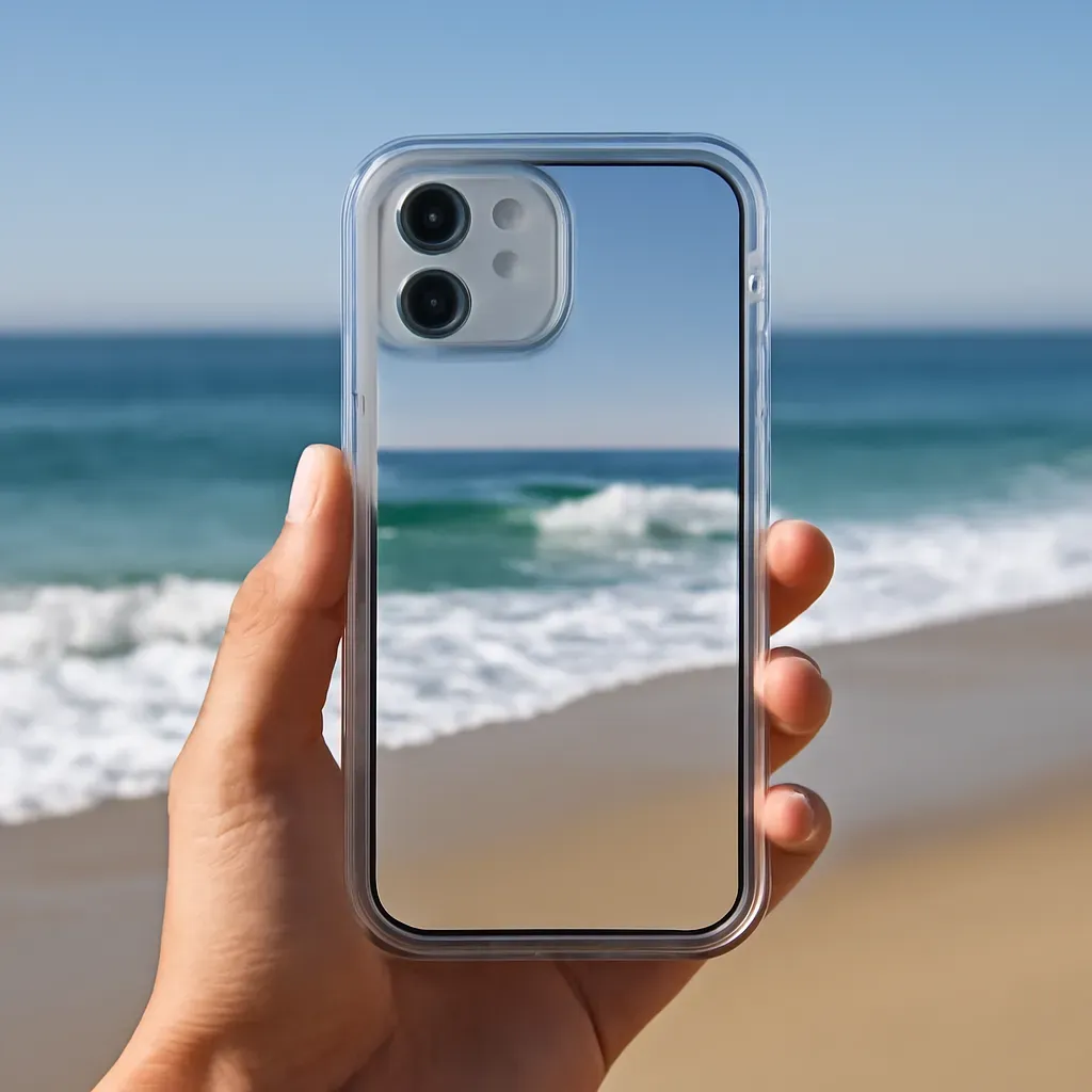 AI-generated editorial product photograph (not the exact linked listing) of clear touchscreen beach phone case