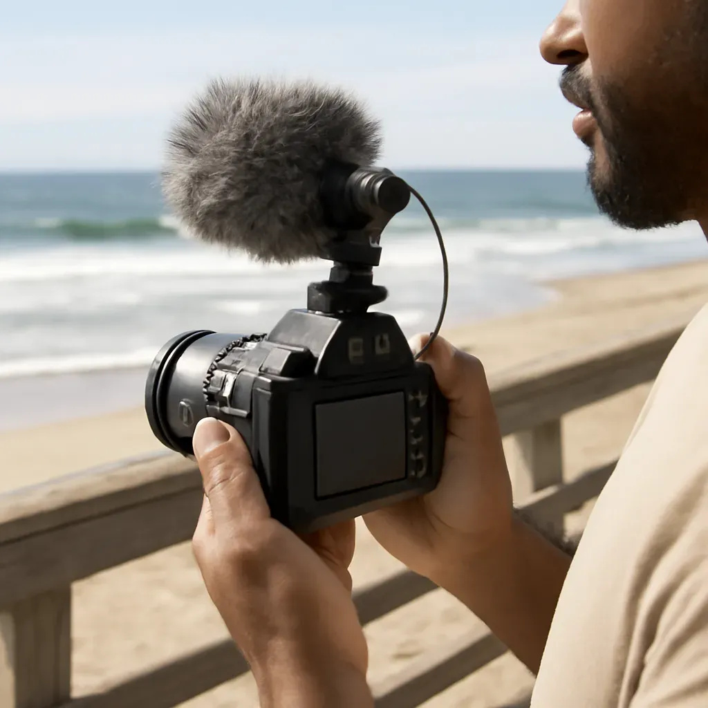 AI-generated editorial product photograph (not the exact linked listing) of clip-on shotgun microphone for shore interviews