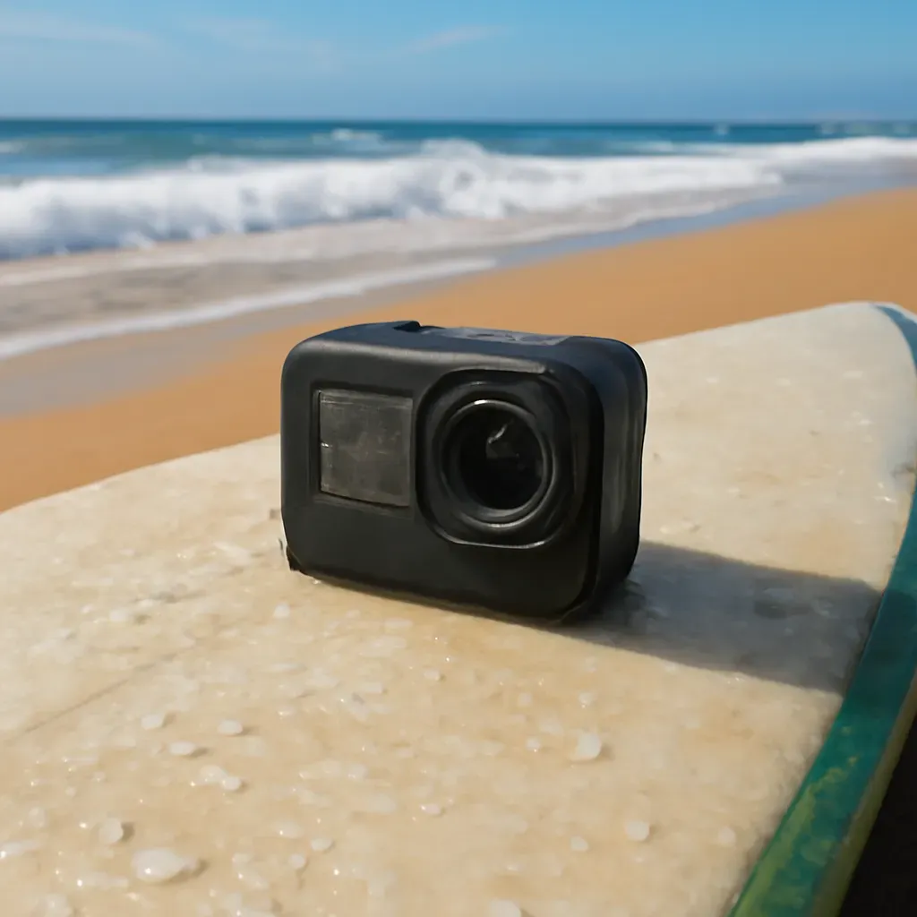 AI-generated editorial product photograph (not the exact linked listing) of compact action camera for surf