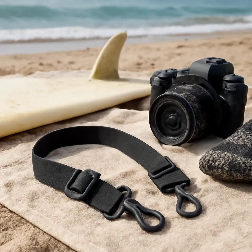 AI-generated editorial product photograph (not the exact linked listing) of corrosion-resistant hardware camera strap