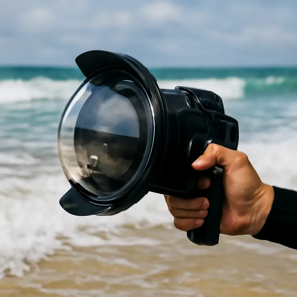AI-generated editorial product photograph (not the exact linked listing) of dome port underwater housing attachment