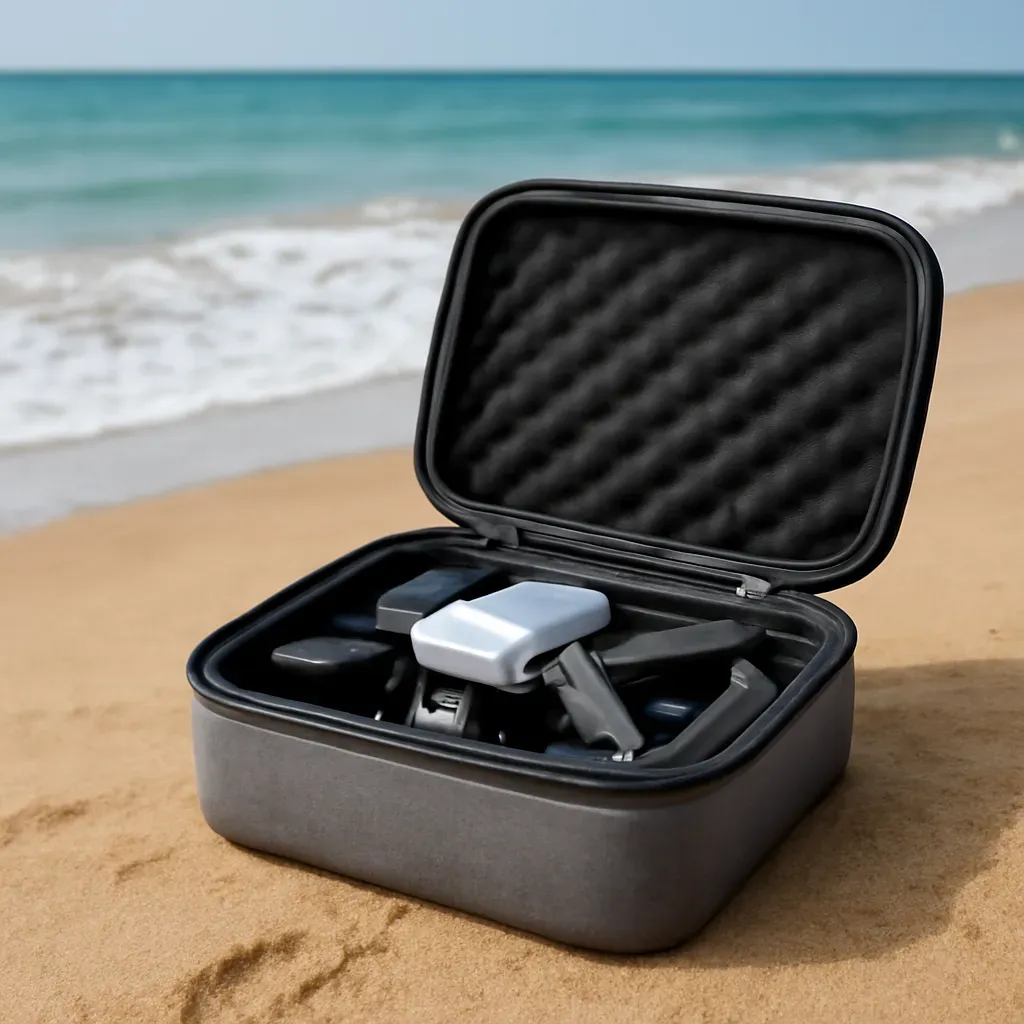 AI-generated editorial product photograph (not the exact linked listing) of drone carrying case for beach transport