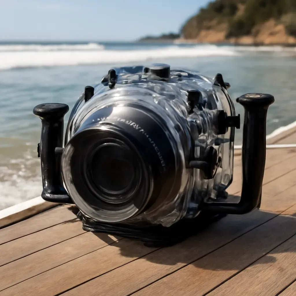 AI-generated editorial product photograph (not the exact linked listing) of dslr/mirrorless underwater housing