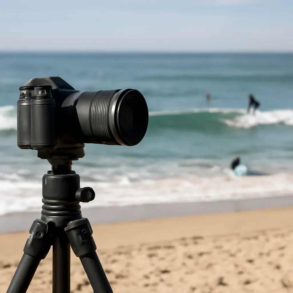 AI-generated editorial product photograph (not the exact linked listing) of entry-level mirrorless camera for surf video