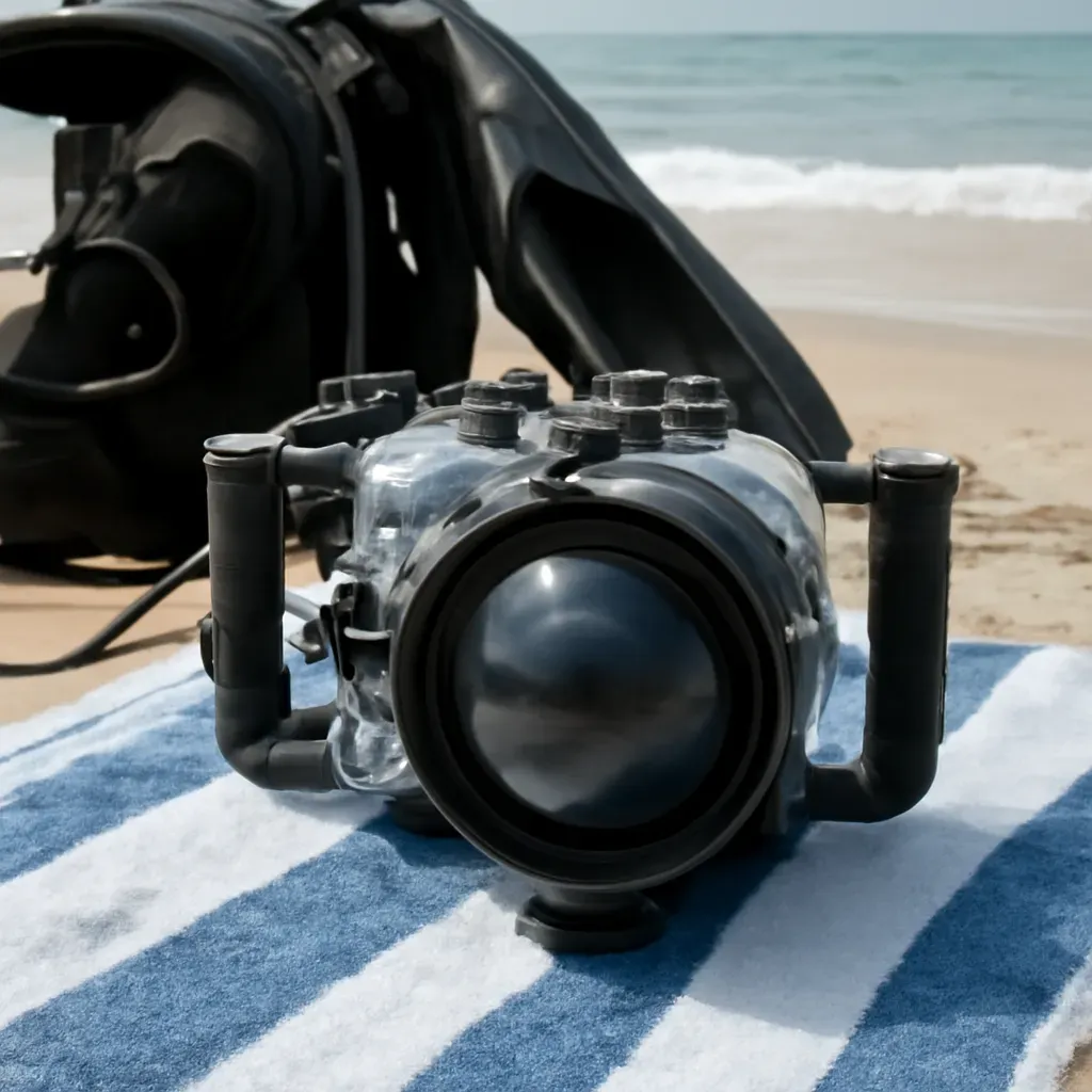 AI-generated editorial product photograph (not the exact linked listing) of flat port underwater housing attachment