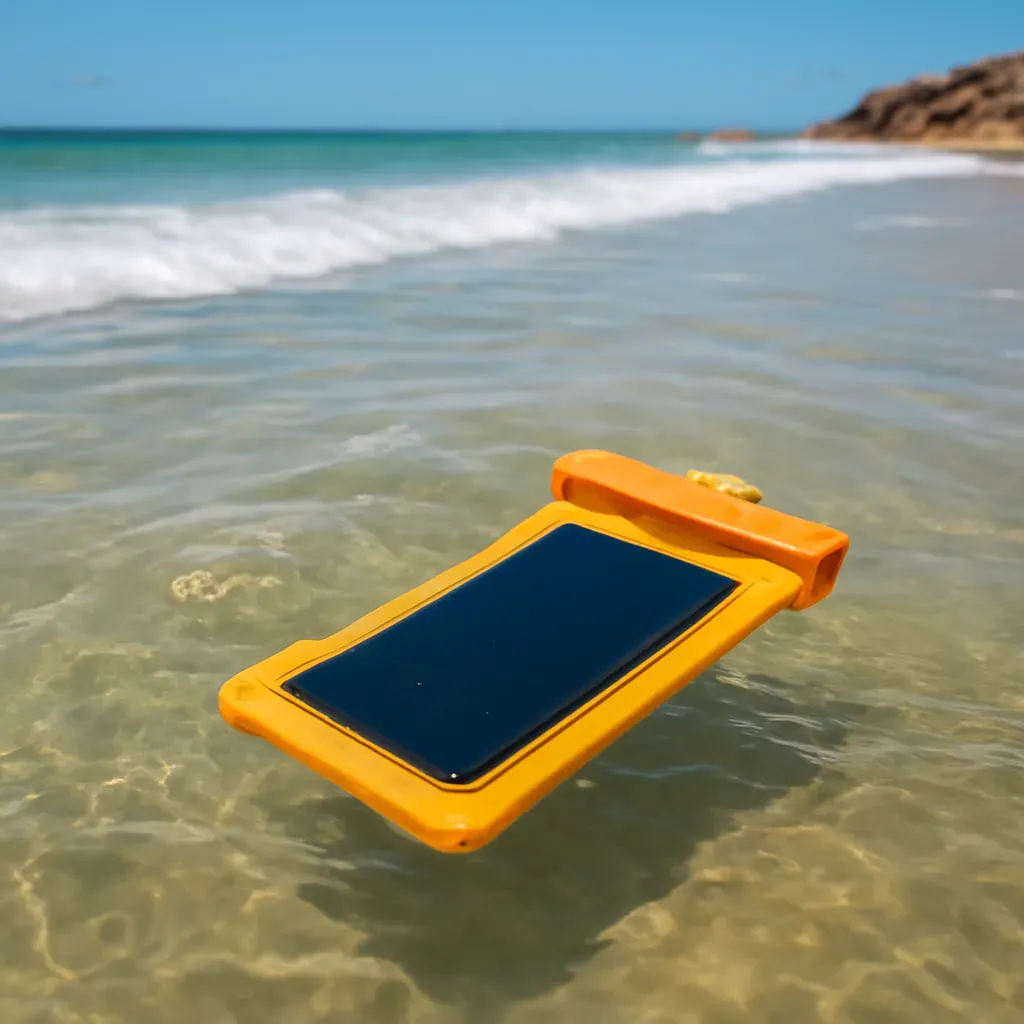 AI-generated editorial product photograph (not the exact linked listing) of floating waterproof phone case