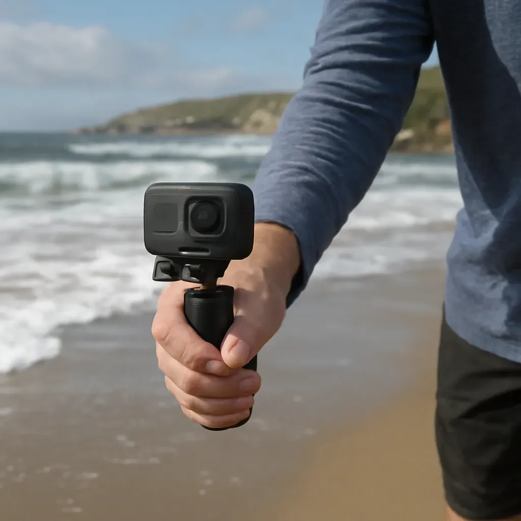 AI-generated editorial product photograph (not the exact linked listing) of gimbal-stabilized action camera