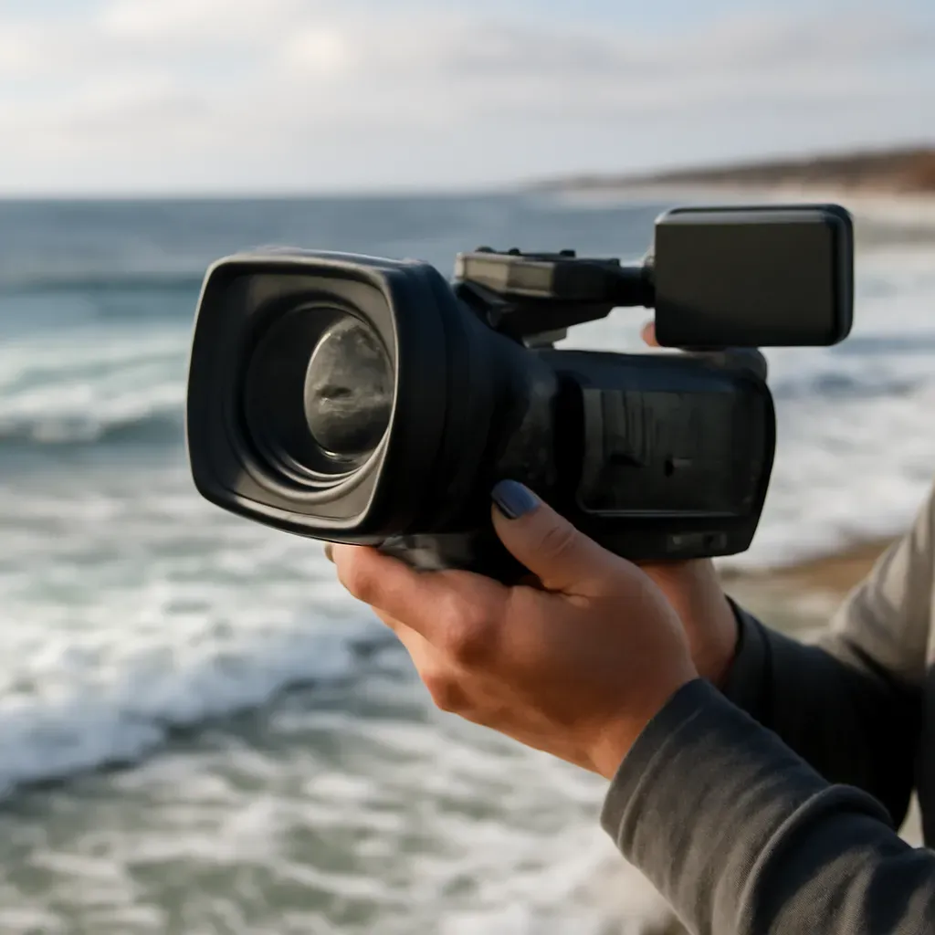 AI-generated editorial product photograph (not the exact linked listing) of high-frame-rate surf video camera