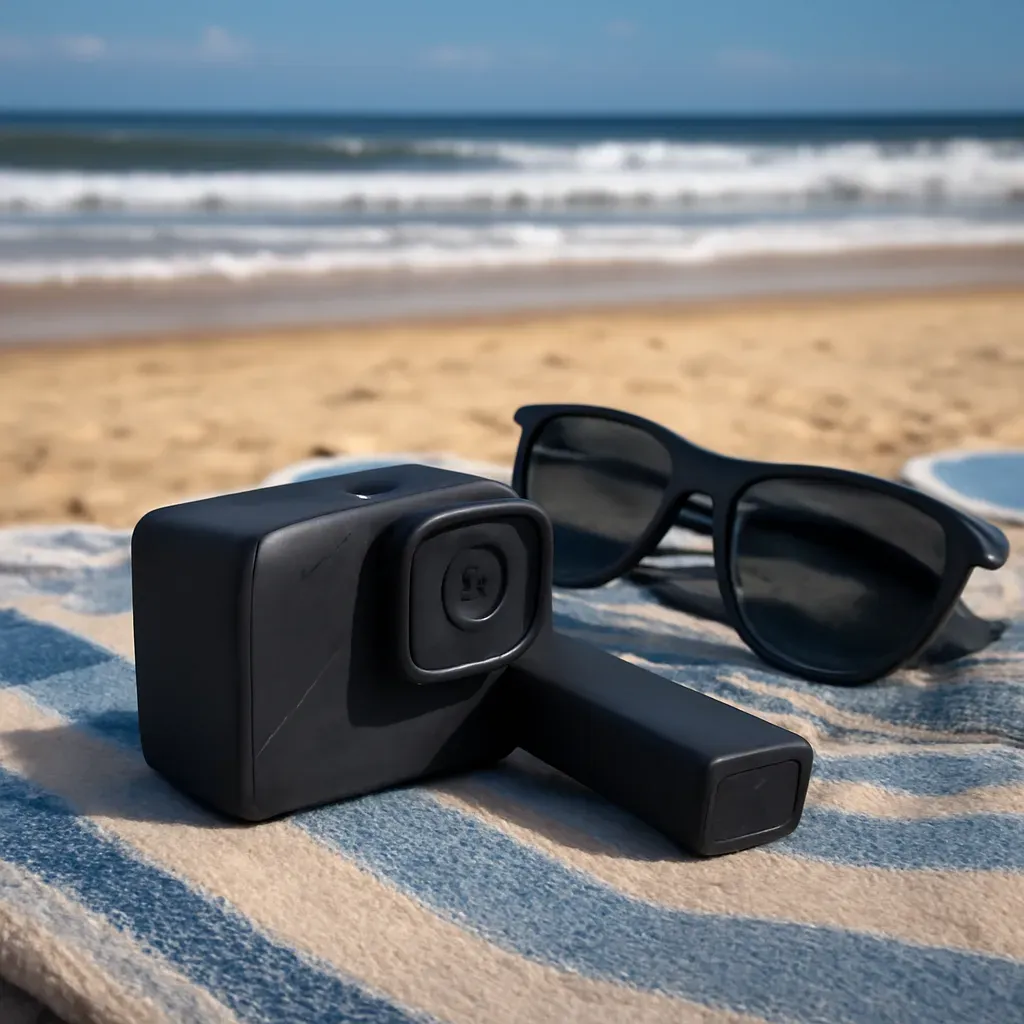 AI-generated editorial product photograph (not the exact linked listing) of long-battery-life action camera for full sessions