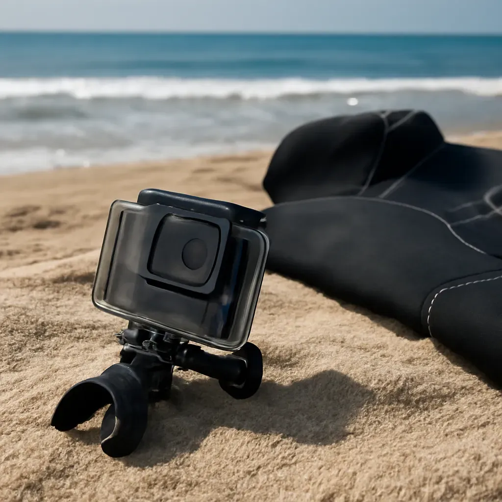 AI-generated editorial product photograph (not the exact linked listing) of mouth mount for action camera