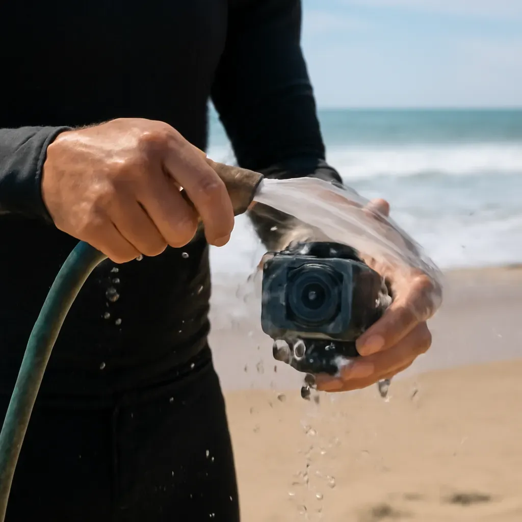 AI-generated editorial product photograph (not the exact linked listing) of natively waterproof action camera