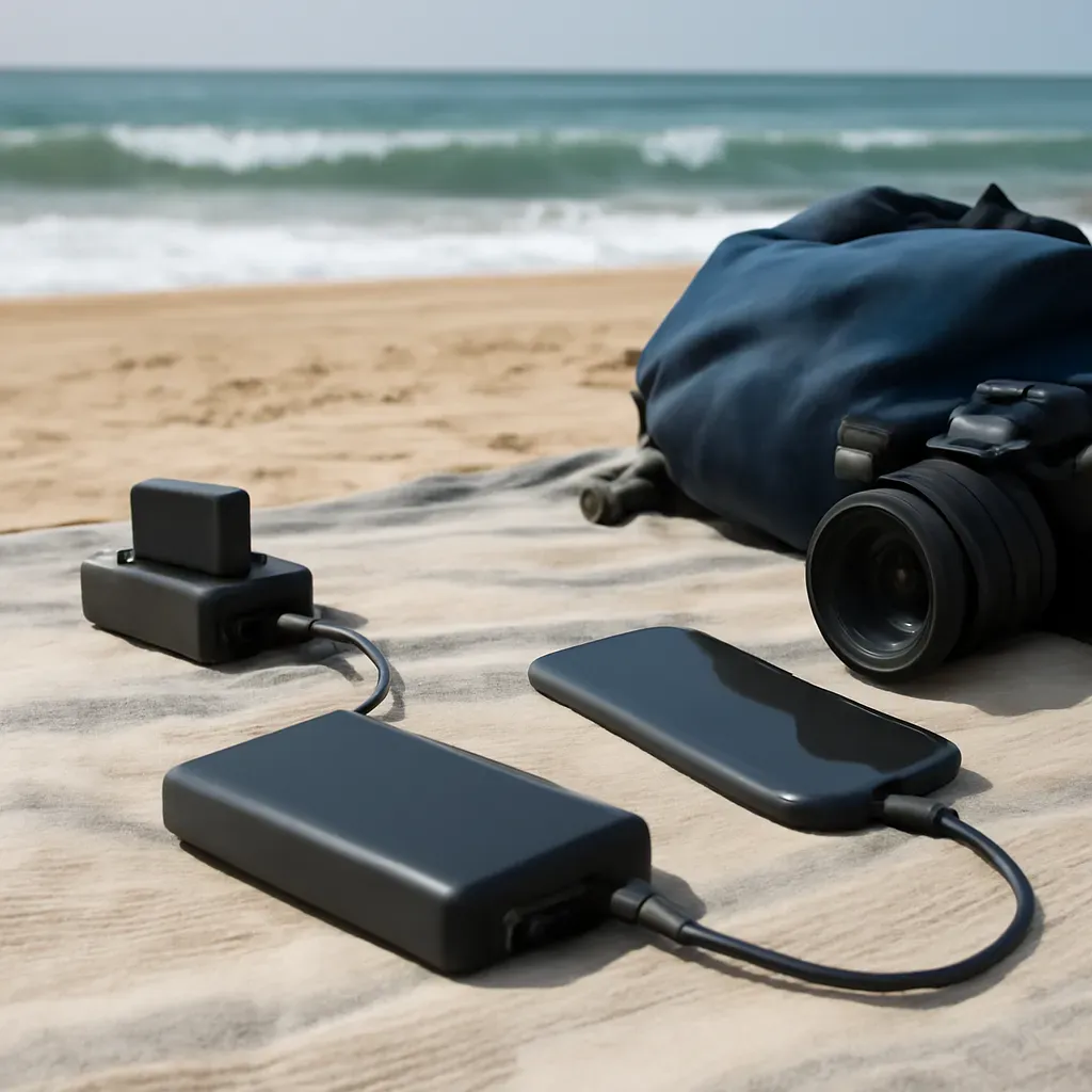 AI-generated editorial product photograph (not the exact linked listing) of portable power bank for coastal shoots
