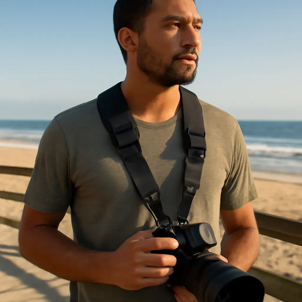 AI-generated editorial product photograph (not the exact linked listing) of quick-release neck strap