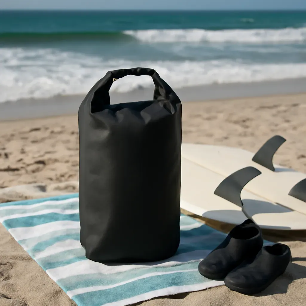 AI-generated editorial product photograph (not the exact linked listing) of roll-top camera dry bag