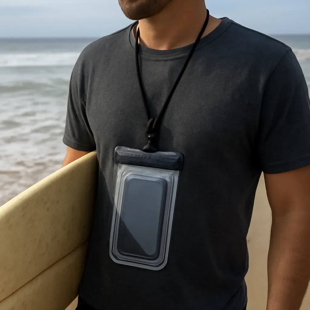 AI-generated editorial product photograph (not the exact linked listing) of roll-top waterproof phone pouch