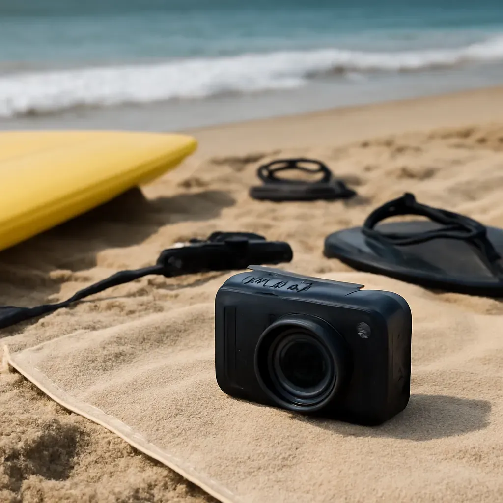 AI-generated editorial product photograph (not the exact linked listing) of rugged point-and-shoot camera for beach use