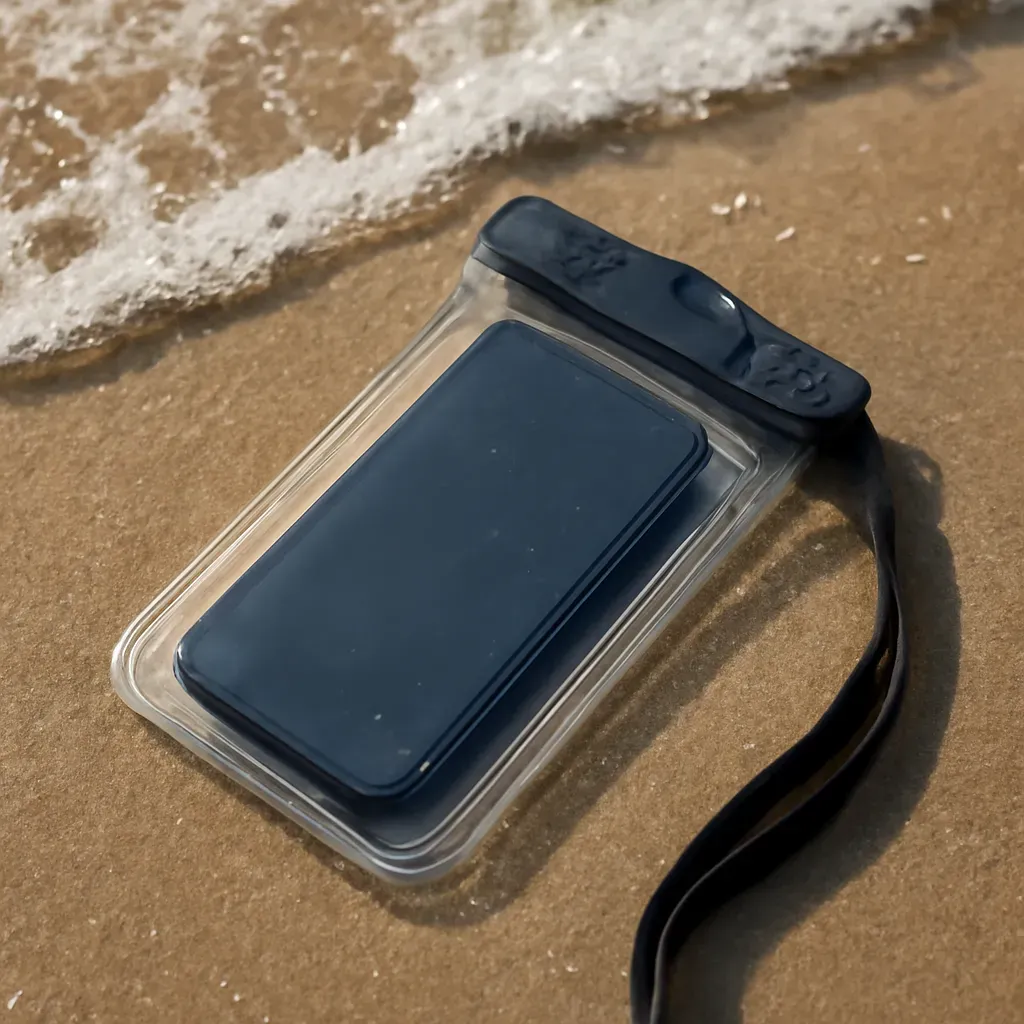 AI-generated editorial product photograph (not the exact linked listing) of sealed waterproof phone case
