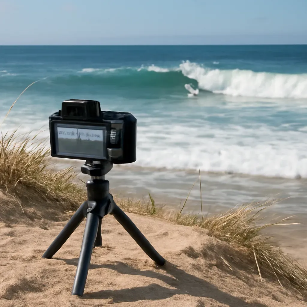 AI-generated editorial product photograph (not the exact linked listing) of shore-shooting camera and tripod kit