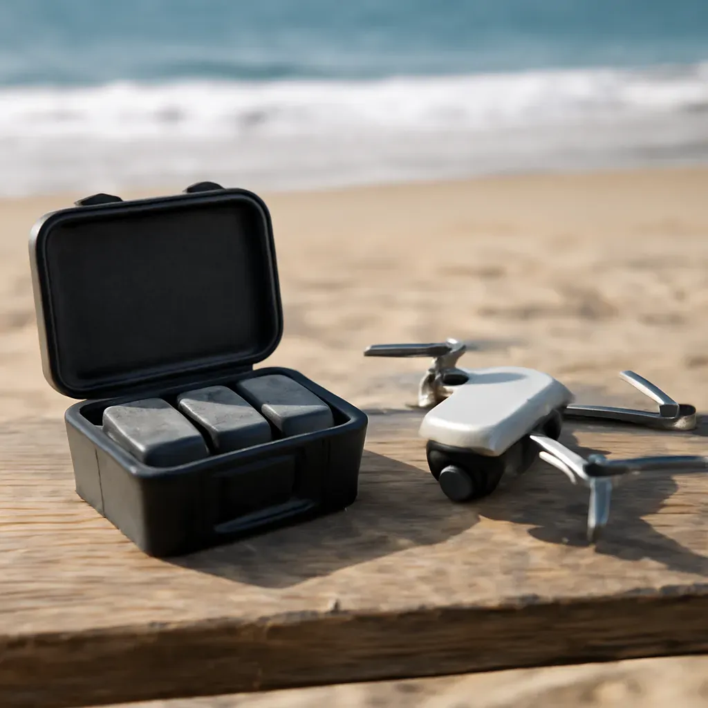 AI-generated editorial product photograph (not the exact linked listing) of spare battery set for coastal drone flights