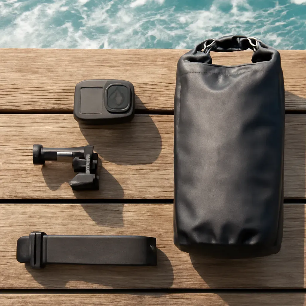 AI-generated editorial product photograph (not the exact linked listing) of starter surf photography kit bundle