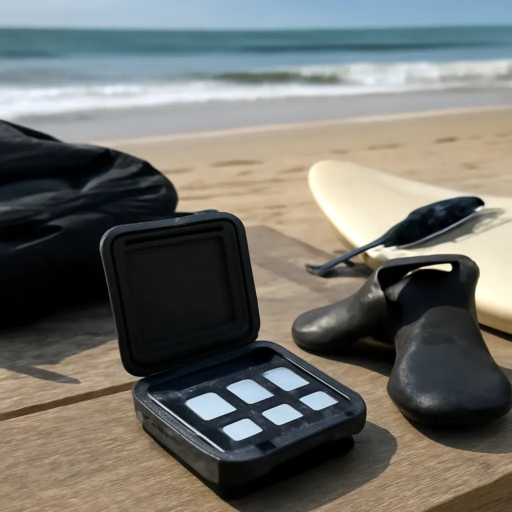 AI-generated editorial product photograph (not the exact linked listing) of weather-resistant storage case for memory cards