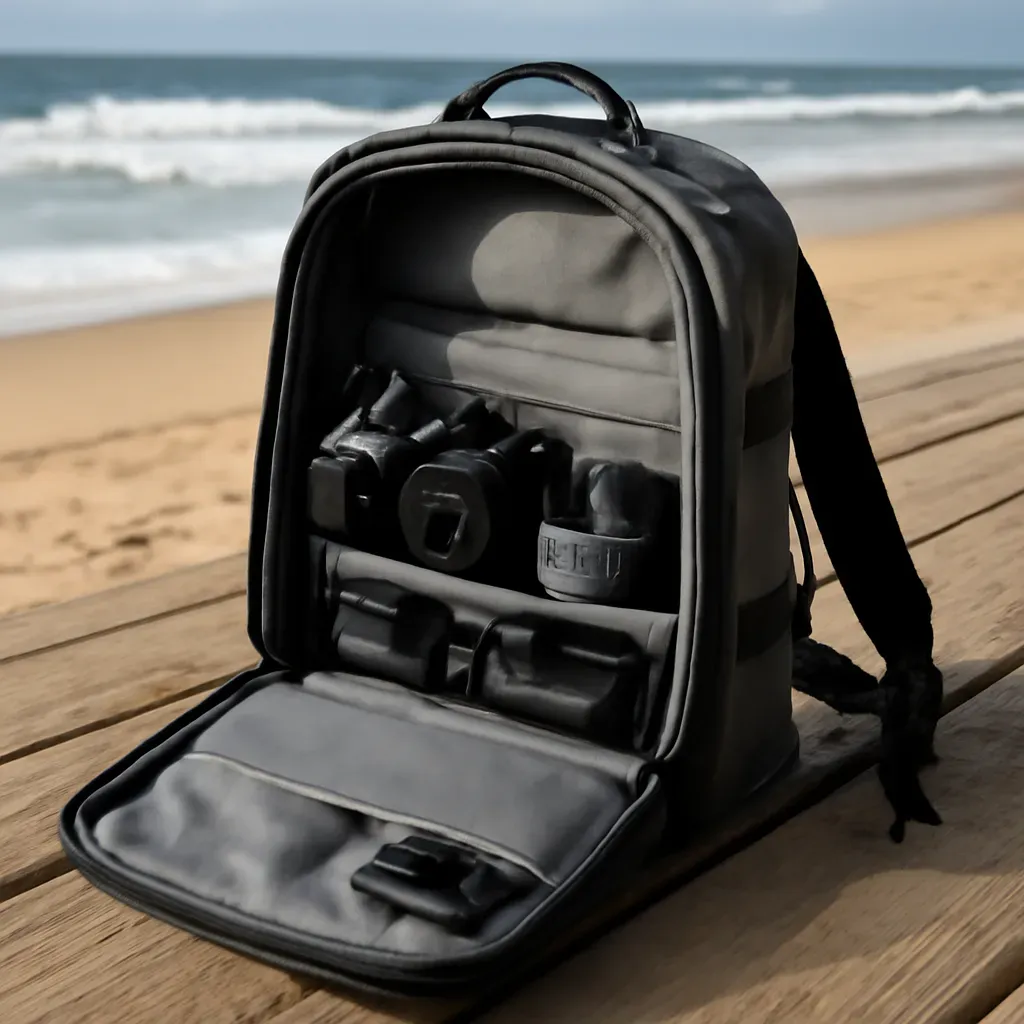 AI-generated editorial product photograph (not the exact linked listing) of weatherproof gear backpack for creators