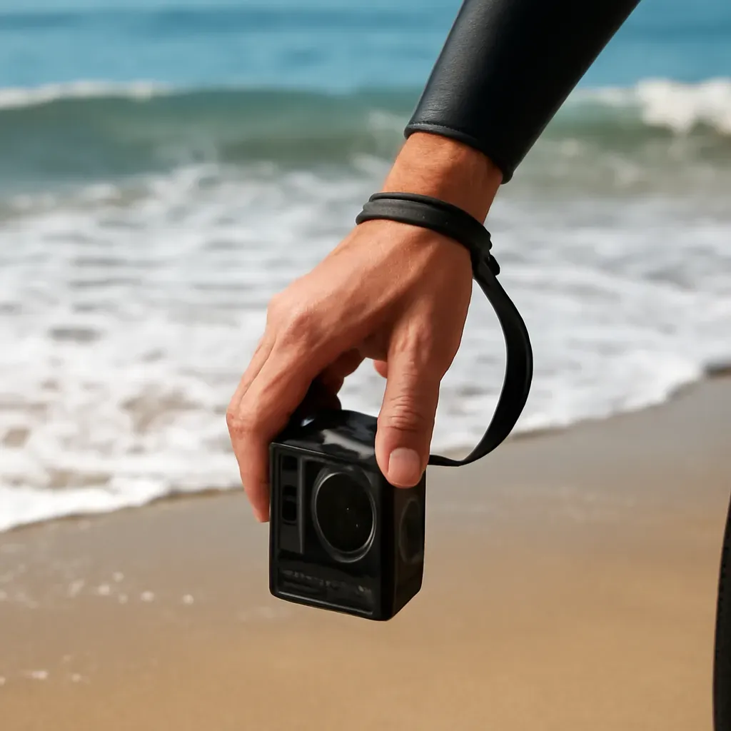 AI-generated editorial product photograph (not the exact linked listing) of wrist tether strap for water use